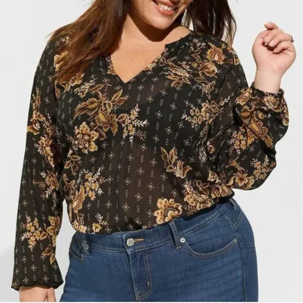 NEW Torrid Peasant Blouse Black Gold Floral Sheer Chiffon Peasant Long Sleeve 2X